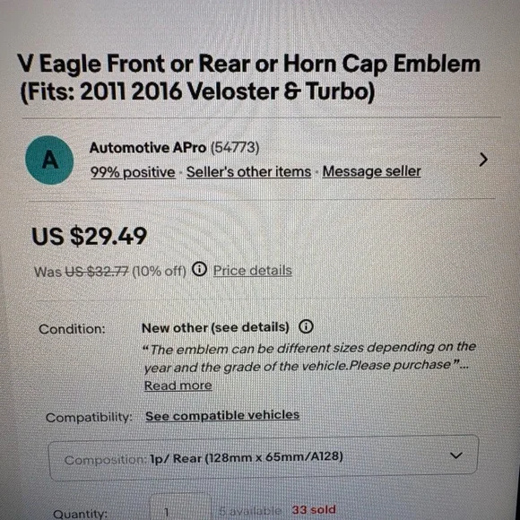 V Eagle NWT set of front & rear/Horn cap Emblem (Fits 2011-2016 Veloster & Turbo - Picture 10 of 11